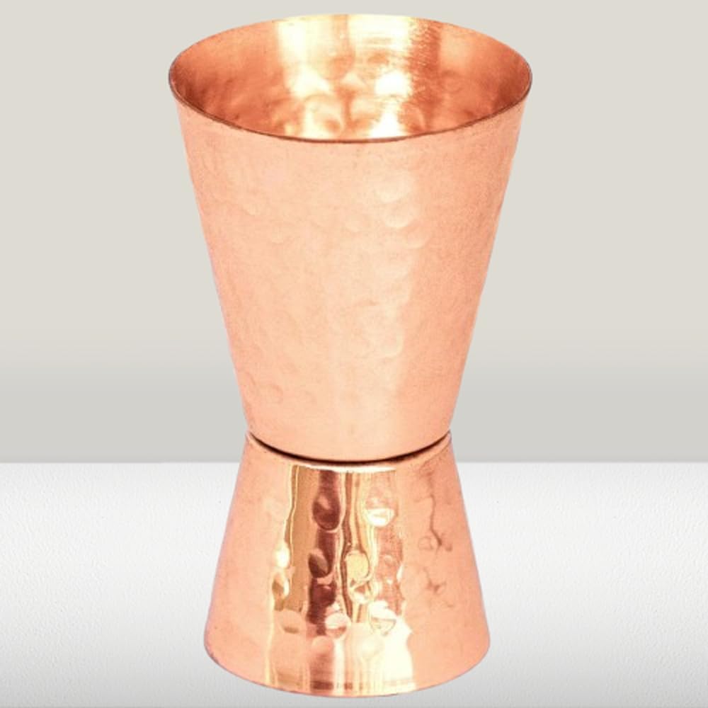 STREET MART Handcrafted Copper Jigger with Gift Set Peg Measure Cup, Double-Sided 30ml/60ml, Bar Tool peetal Jigger Engraved Design (1, Copper Hammered)