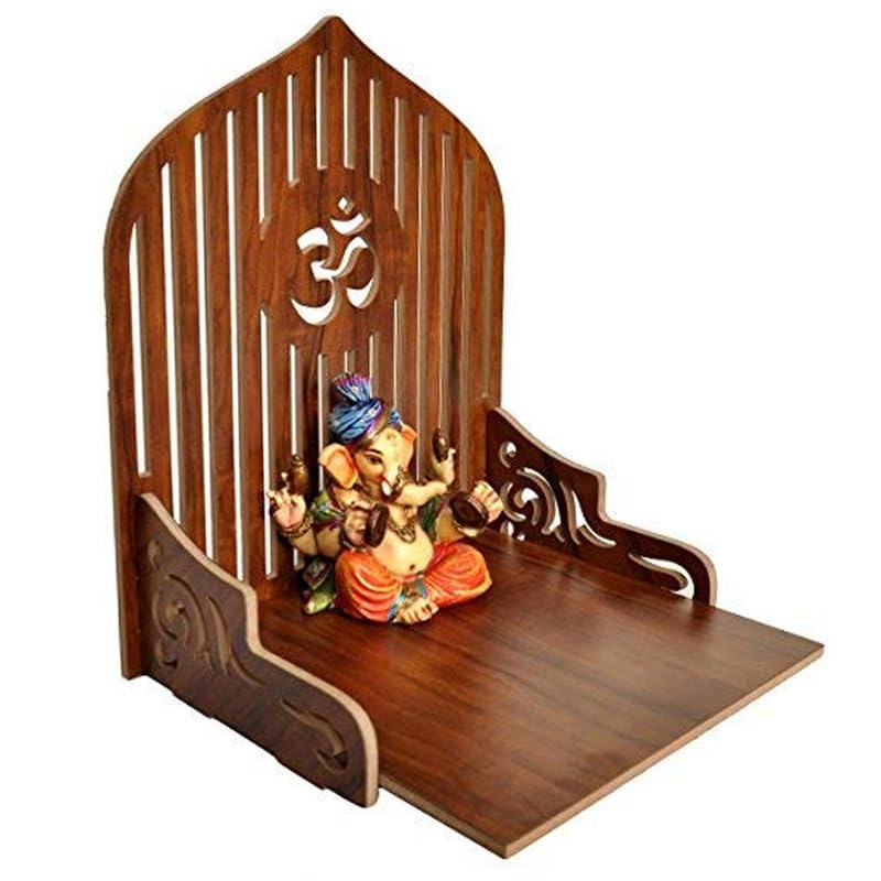 Gojeeva Wood Hand Crafted Om Pattern Home Temple for Puja Temple for Home and Office l Puja Stand l Wooden Mandir l Puja Shelve, (Brown) (Pack of 1)