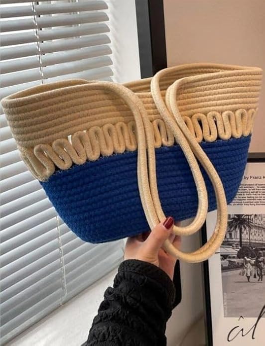 BEAUTIFUL HOMMIES Attractive Hand Bag |large Tote Bag |Summer Bag | Bucket Bag | Basket Bag | Bamboo Tote | Beach Bags for Women|Boho Bag|Handbag |Jute Bag |Handmade Bag (BEIGE BLUE)