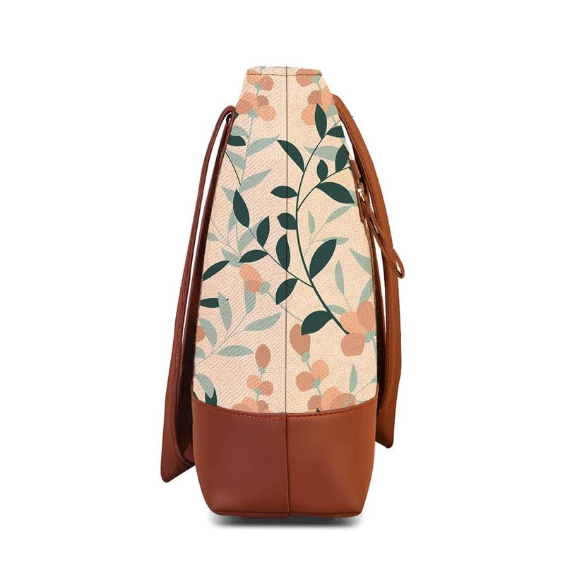 The Purple Tree Women Handcrafted Tote with Vegan Leather Handles & Indian Prints, Leafy Print Shoulder Bag for Office and College, Oversized Contemporary, White