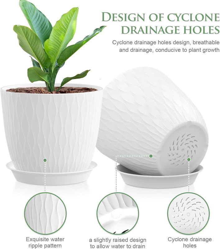 StyleX Store Plastic Round Flower Pots with Drainage Hole Saucers | Durable Outdoor Indoor Wave Pattern Planters with Tray | Plant Containers for Garden, Office, Balcony and Home (Set of 5, White)