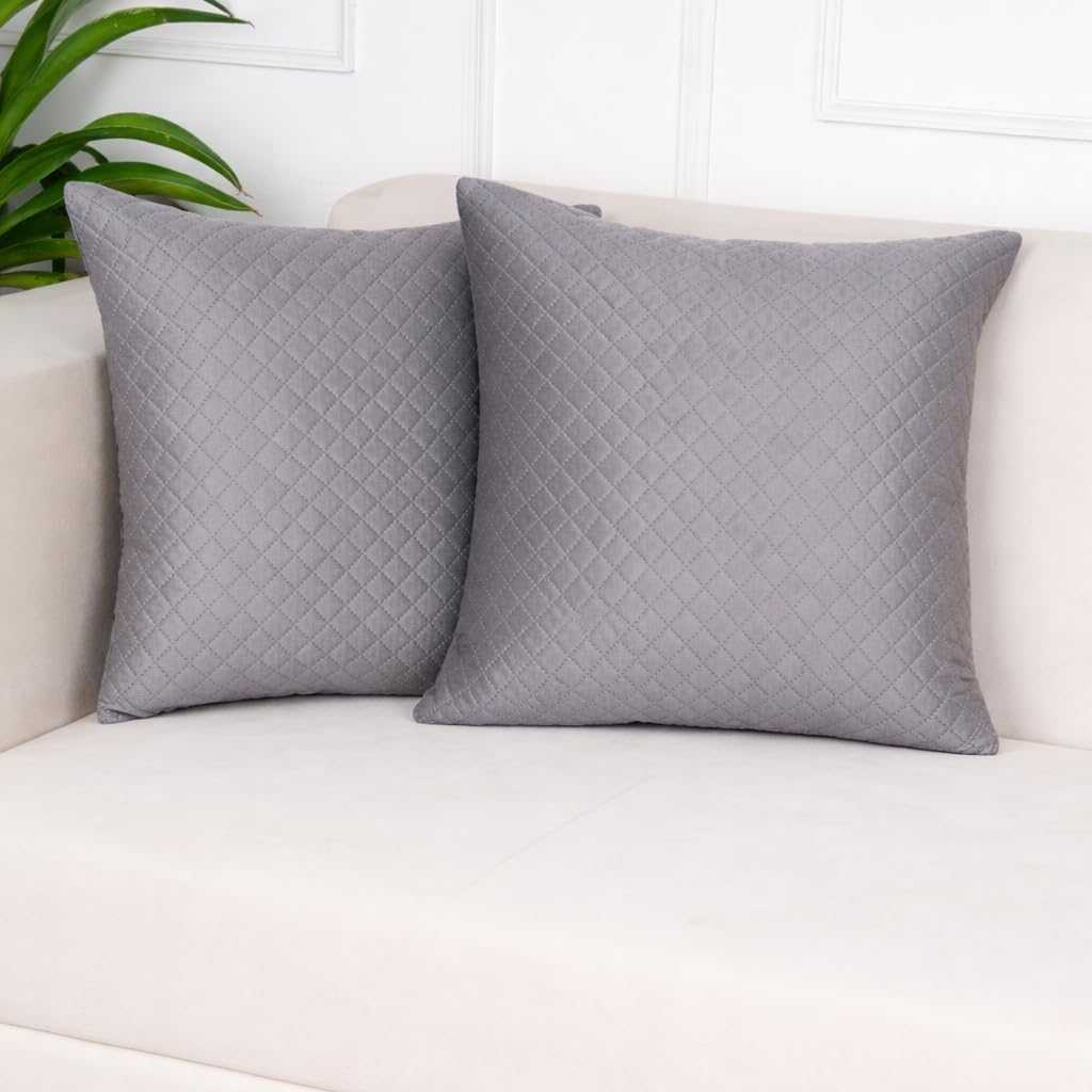 STITCHNEST Quilted Velvet Cushion Covers Set of 2 | Soft Grey | 16x16 Inches | Premium Sofa & Living Room Décor