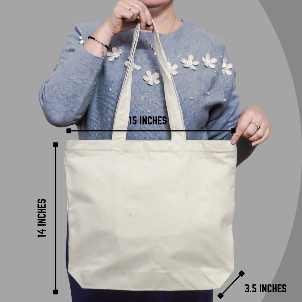 Plain Natural/Black Horizontal Cotton Canvas Tote Bag Zip & Inner Pocket