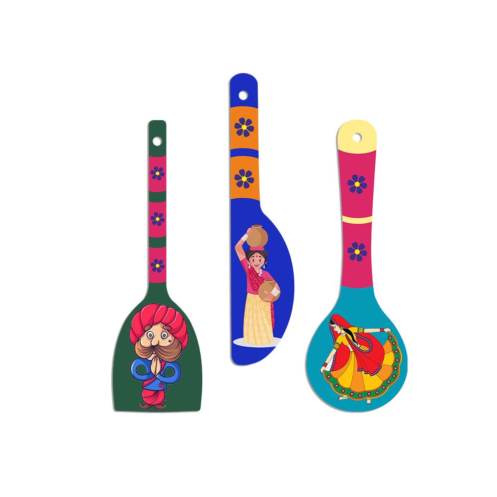 Artvibes Traditional Indian Rural Art Caricature Decorative Wall Art MDF Wooden Wall Hanger for Living Room | Home Decor | Wall Accent | Wall Art Print | Unique Gift Items (WH_5017N), Set of 3