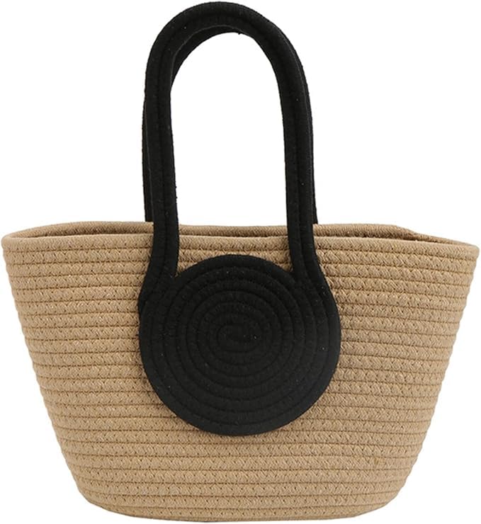 DYARCHY Handmade Crochet Tote Bag with Circular Handle, Beige and Black, 25 cm x 15 cm (BEIGE BLACK)