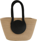 DYARCHY Handmade Crochet Tote Bag with Circular Handle, Beige and Black, 25 cm x 15 cm (BEIGE BLACK)