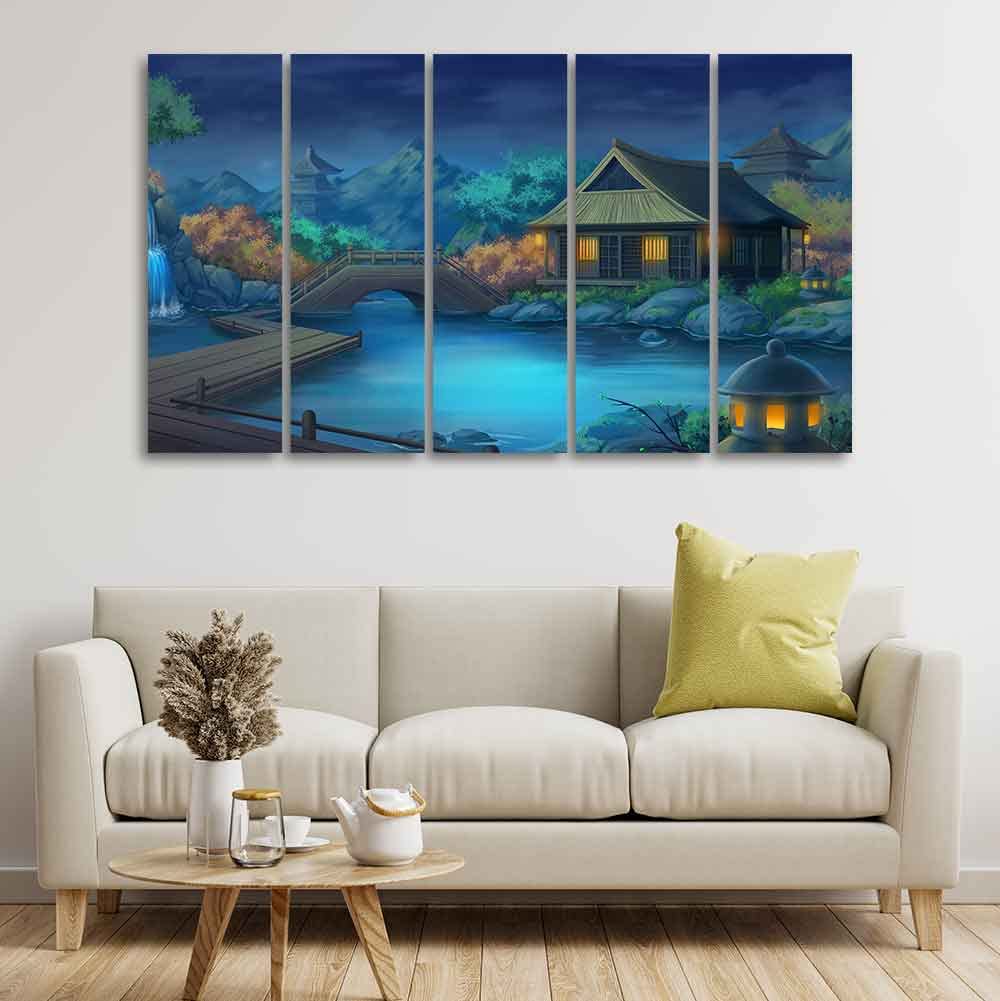 VIBECRAFTS Beautiful Japanese Courtyard at Night Canvas Wall Painting of Five Pieces For Home|Office|Living Room|Gift (PTVC5Pcs4_8692)