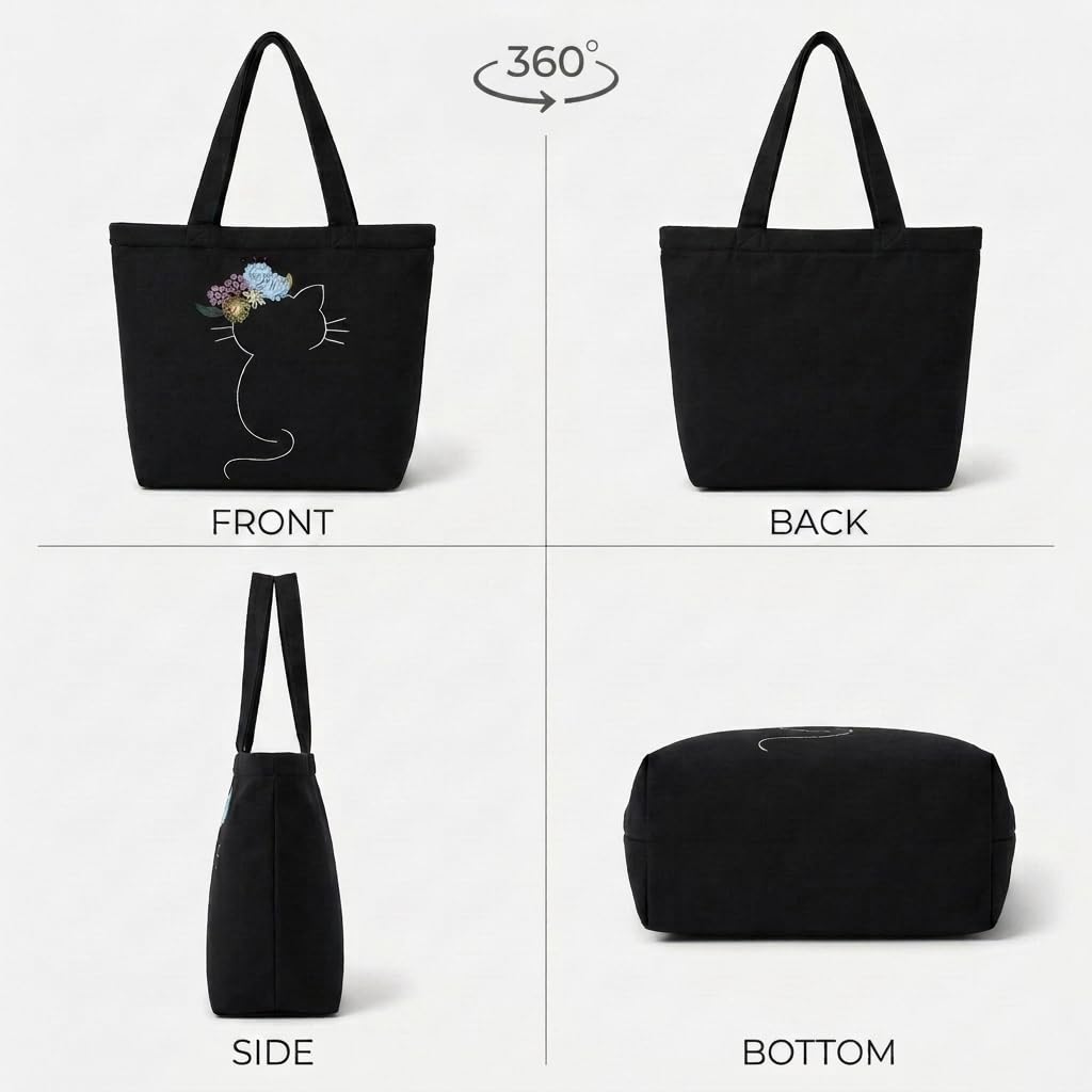 MASQ Premium ToteBag for Women with Zipper | Embroidered Foldable Shoulder Bag with Multiple Pockets | Spacious Handbag for College & Office | Eco-Friendly & Reusable (AP_TB_Tiaraa_Cat_01)