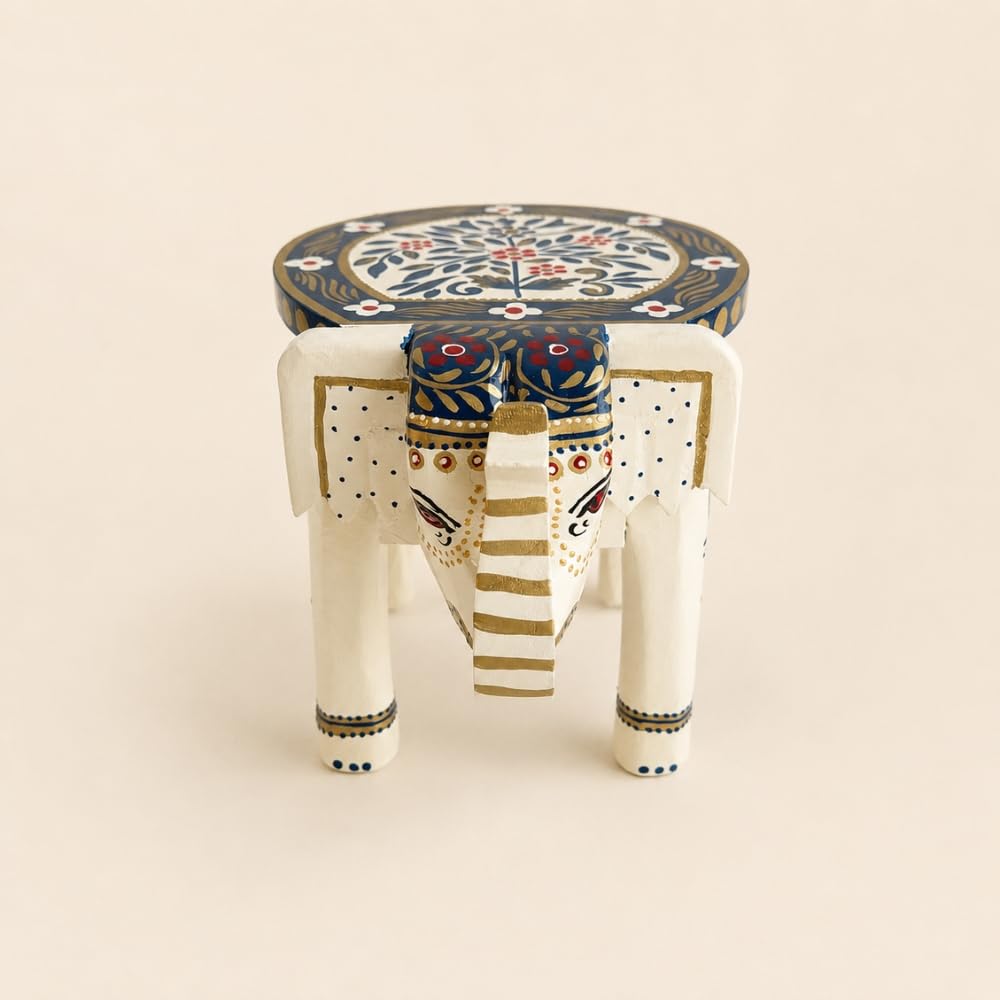 ATRANGI STUDIO White Colourful Handpainted Wooden Elephant Stool Cum Showpiece | Mango Wood Traditional Multipurpose Stool for Living Room Decor & Mandir | Perfect for Plant Stand | 8x8x10 inch