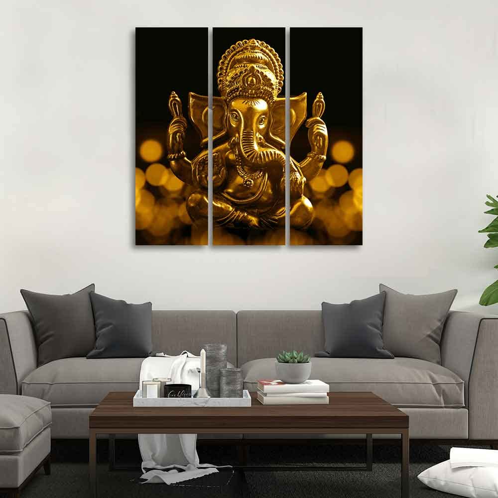 VIBECRAFTS Shree Ganesha 3 Pieces Canvas Wall Painting Fitted With Wooden Frame For Home | Office | Living Room | Gifts (PTVC3Pcs1_9506)