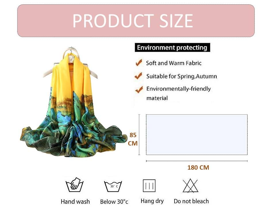 Alexvyan Satin Silk Summer Scarves 180 x 84 cm, Yellow Mountain Theme with Stitched Border, Lightweight Fashion Scarf for Women Sun Protection Stole