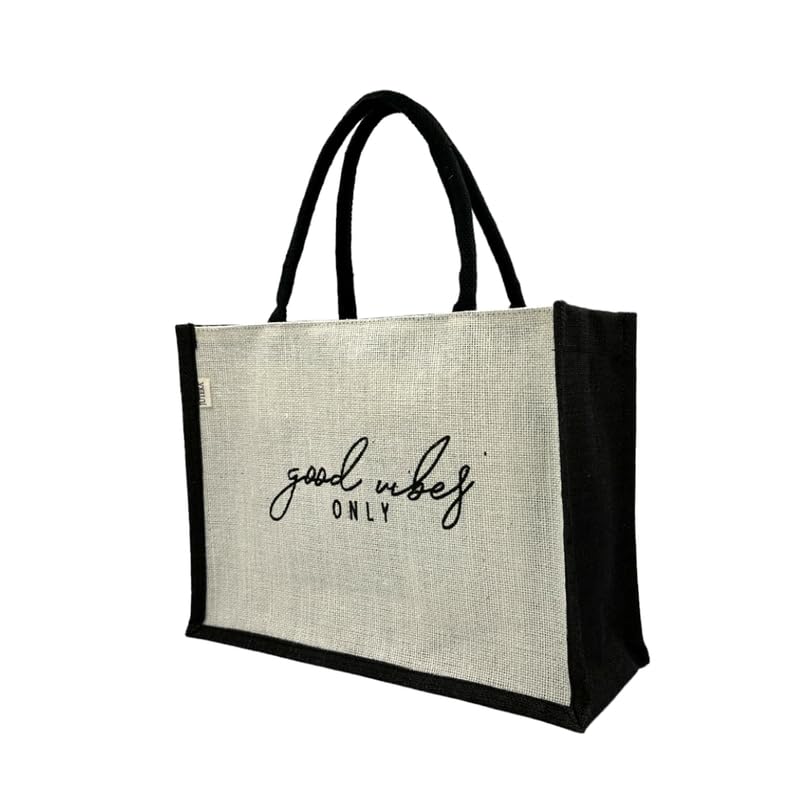 JUTEKA Unisex-Adult Quote Printed Jute Bag For Lunch, Office, Grocery, Picnic, Tiffin, Shopping Hand Bag With Padded Cotton Handles (White)
