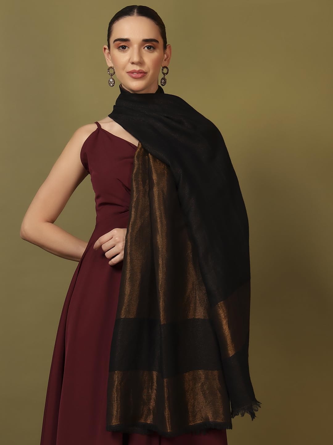 Pashmoda Women Midnight Bronze Reversible Zari Moonlight Fine Wool Stole (Size : 28x80in, 71X203cm) ZSST04