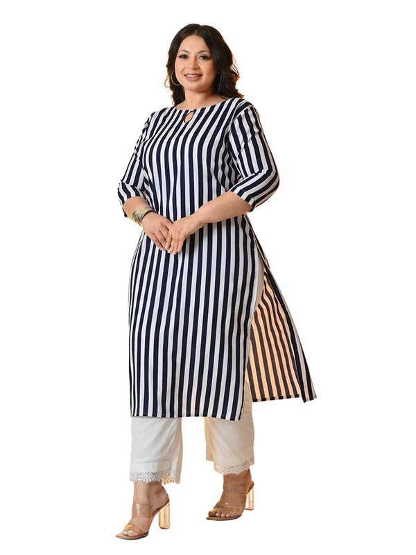 PrettyPlus by Desinoor.com Plus Size Navy White Stripped Kurta