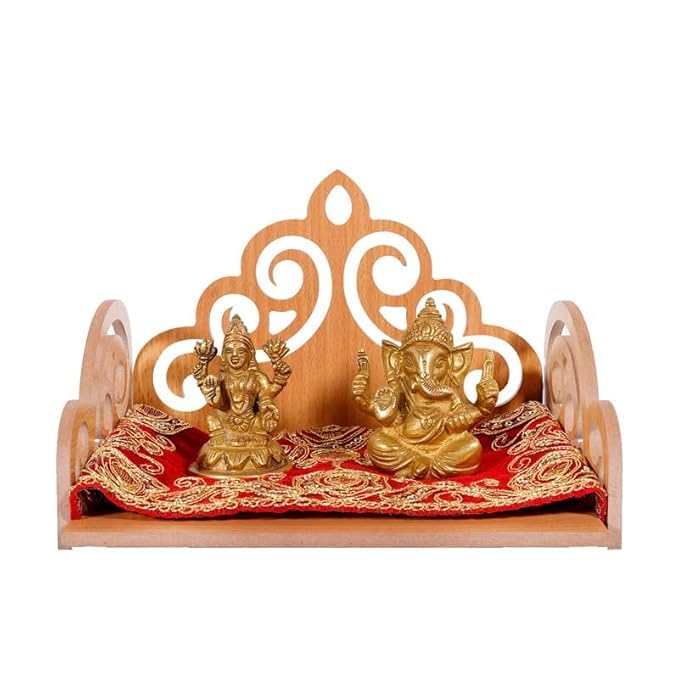 Wooden Mini Temple for Home, Wall Mounted Pooja Mandir Shelf, 20 x 15 x 14 cm, Wooden Colour