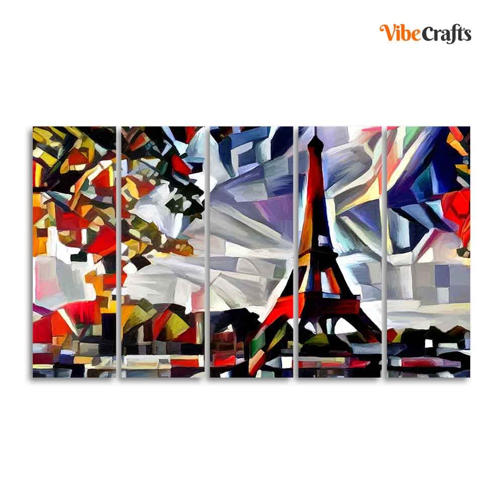 VIBECRAFTS Abstract Art Premium Canvas Five Pieces Painting of Eiffel Tower in Paris For Home|Office|Living Room|Gift (PTVC5Pcs4_8689)