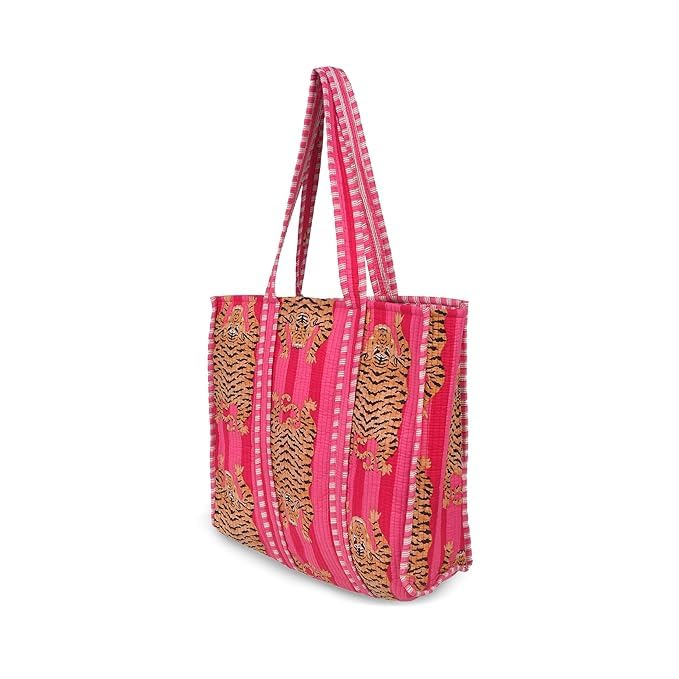 DecorAvenue Quilted Premium Cotton Printed Reversible Tote Bag Grocery Shopping Bag Travel Bags Carry Bag 18x15x5.5 Inch (Pink Cheetha)