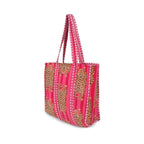 DecorAvenue Quilted Premium Cotton Printed Reversible Tote Bag Grocery Shopping Bag Travel Bags Carry Bag 18x15x5.5 Inch (Pink Cheetha)