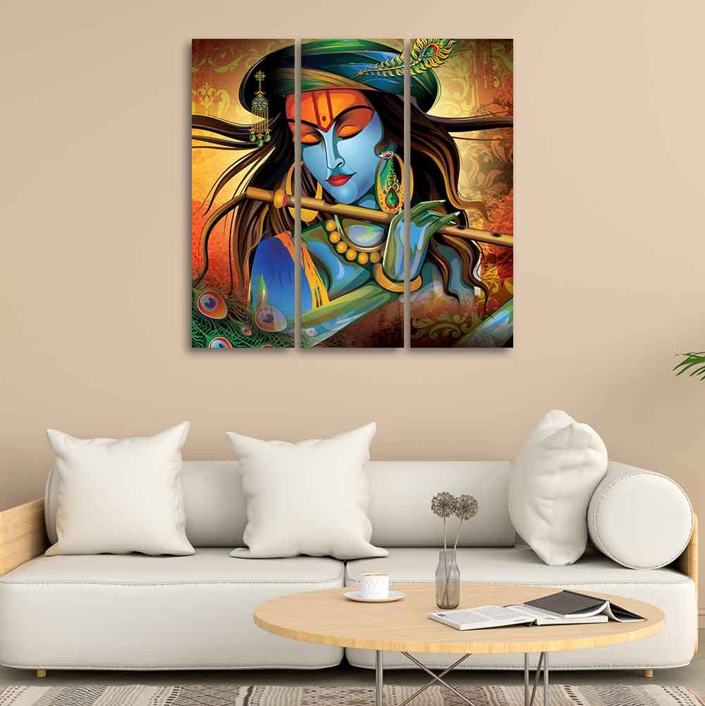 VIBECRAFTS Shri Krishna With Flute 3 Pieces Canvas Wall Painting Fitted With Wooden Frame For Home | Office | Living Room | Gifts (PTVC3Pcs1_9520)