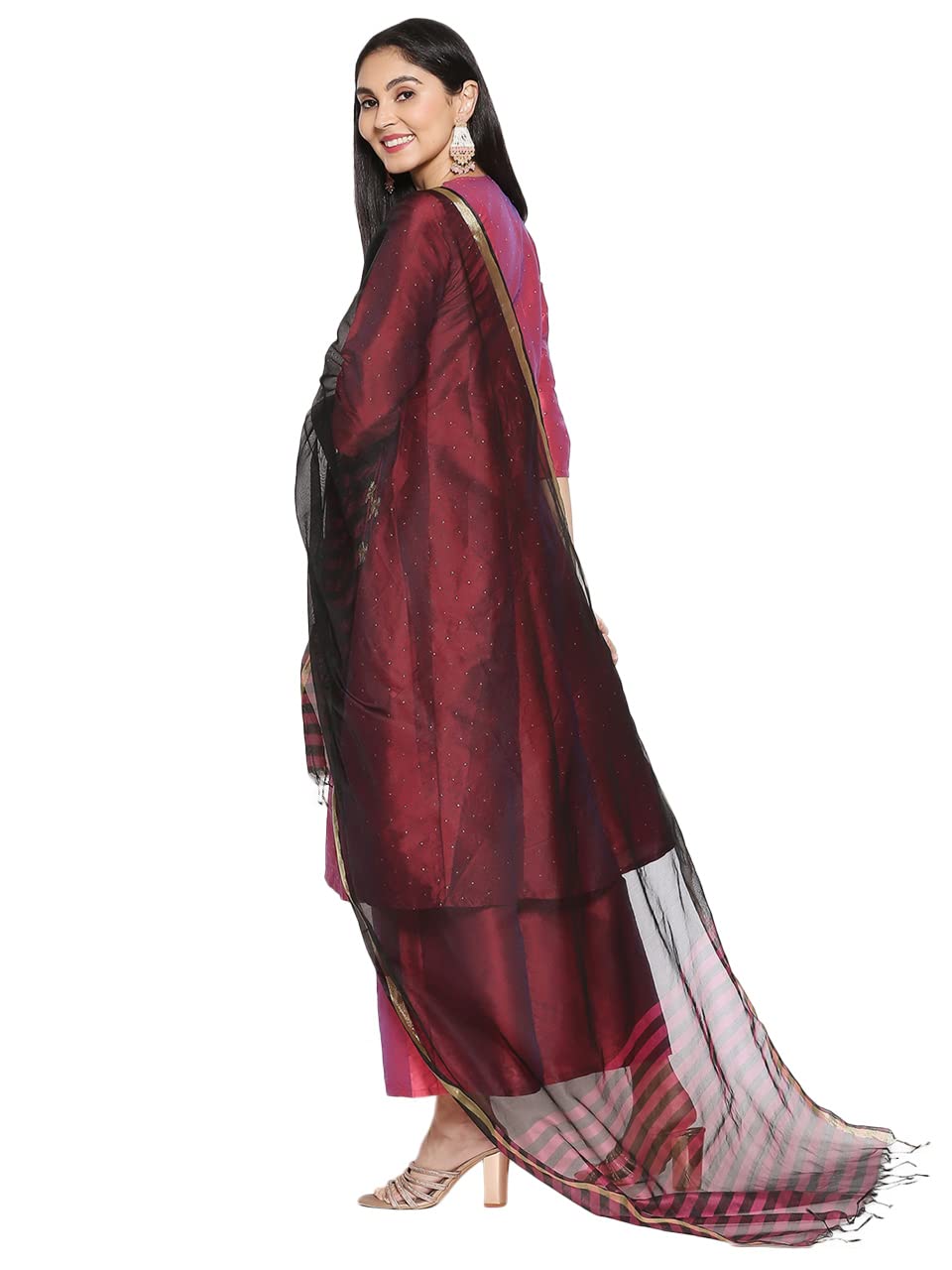 DUPATTA BAZAAR Women's Black & Red Striped Blended Silk Dupatta