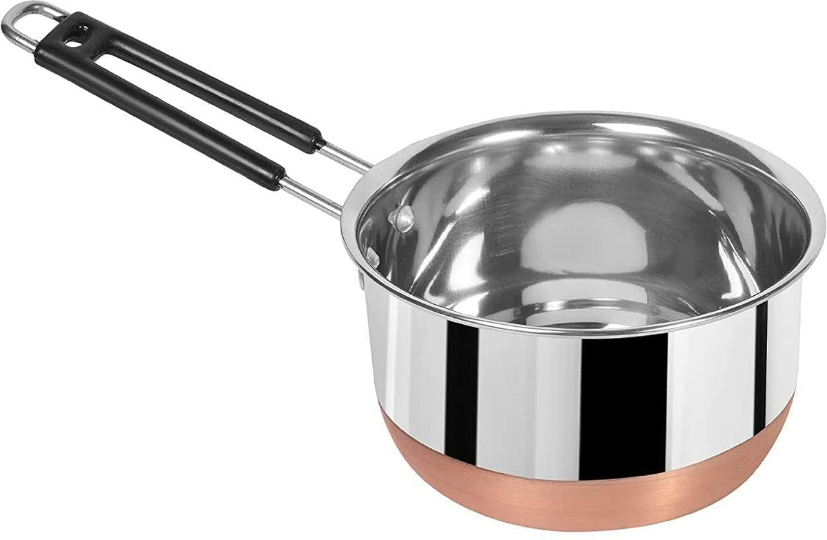 ALWAFLI Copper Bottom Stainless Steel Flat Base Sauce Pan, Milk Pan, Tapeli Patila, Sauce Pot Cookware Set Tea Maker Water Boiling with Handle Perfect for Kitchen (Pack of 1) (Copper 1.5 L)