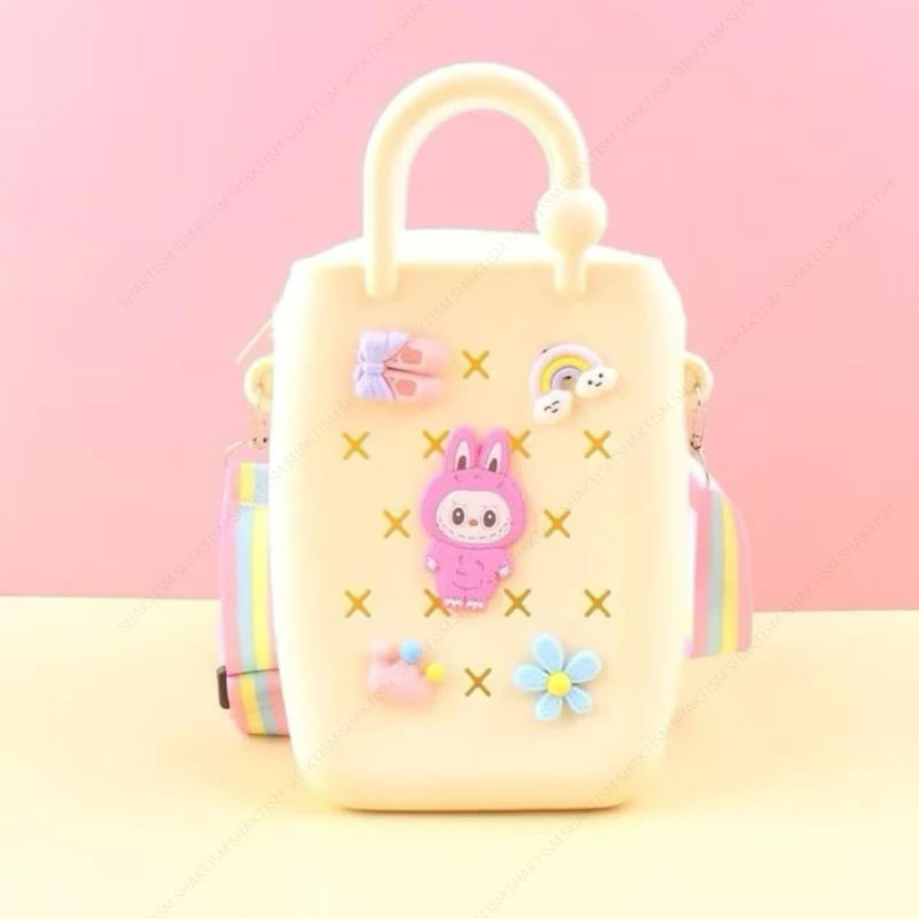 SHAKTISM Silicone Sling Beach Tote Bag with Holes, Adjustable Straps, Cyan, Charms Sling Bags (Cream)