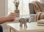 Kridaykraft Decorative Metal Trunk-Up Elephant – Multi-Purpose Small Flower Vase, T-Light Holder, and Stationery Organizer for Living Room and Office – Elegant Silver Elephant Statue for Good Luck