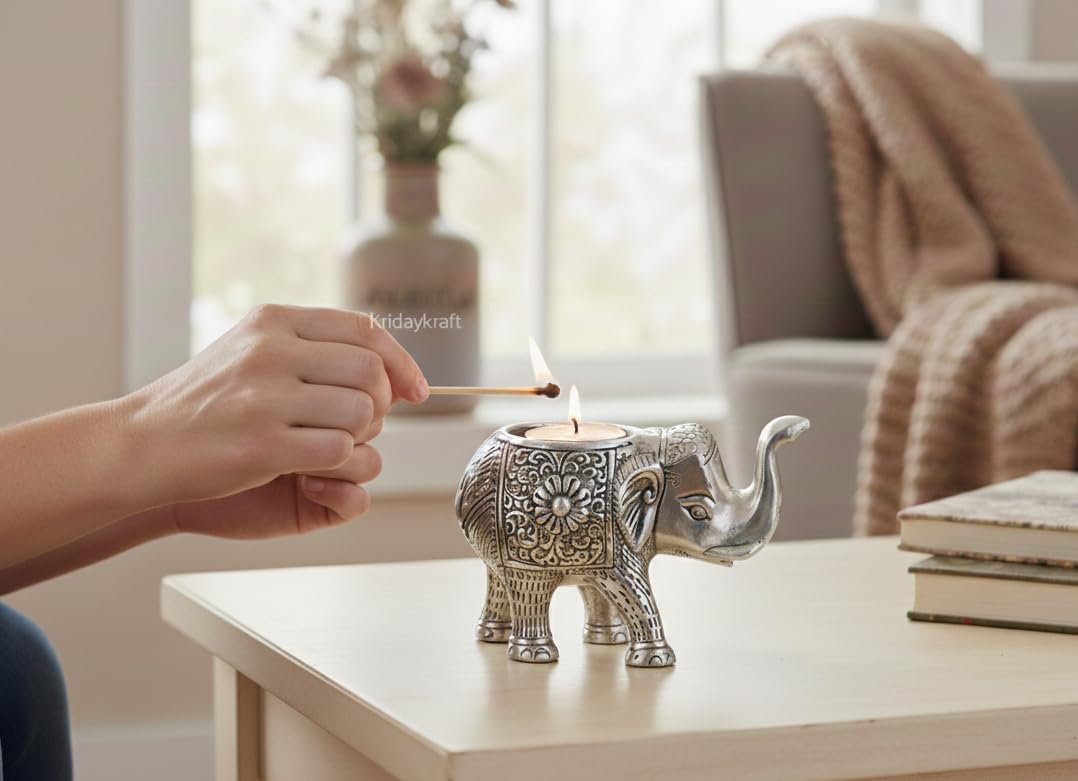 Kridaykraft Decorative Metal Trunk-Up Elephant – Multi-Purpose Small Flower Vase, T-Light Holder, and Stationery Organizer for Living Room and Office – Elegant Silver Elephant Statue for Good Luck