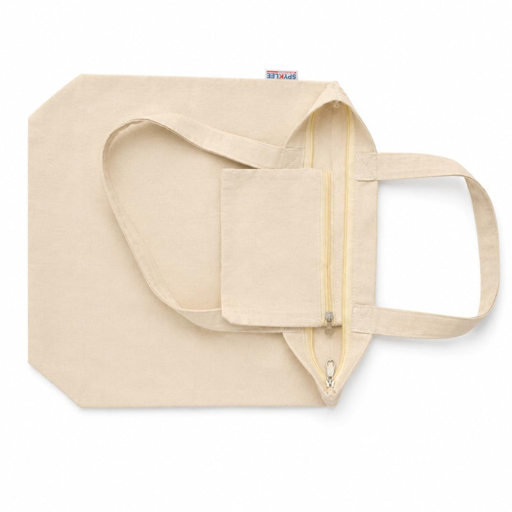 SPYKLEE Reusable Cotton Canvas Tote Bag with Zip Closure and Long Handles | Eco-Friendly Shopping Bag | Durable Washable Shoulder Tote for Office, Grocery, Travel & Daily Use - 14x16x4Inch (2Pcs)