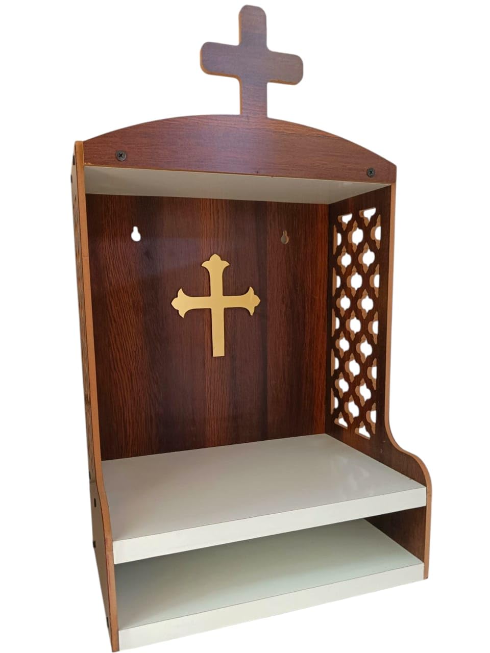 Beautiful Christian Golden Cross Temple, Home Temple, Decorative Wooden Jali Cross Temple, Home and Office Wall Mount Temple, Brown and White