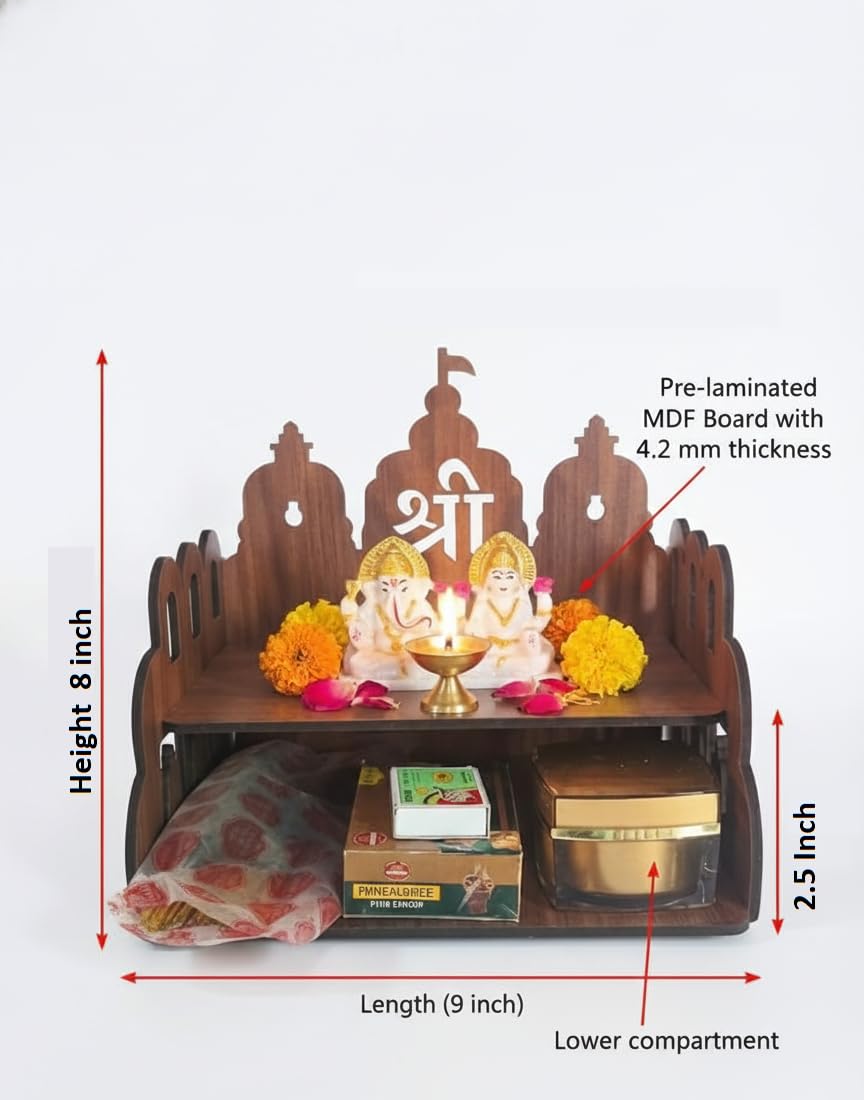 Bindian Wooden Pooja Mandir for Home Wall Mounted | Wooden Table Top God Temple | Pooja Stand for Home | Puja Mandir | Puja Unit for House | Temple for Office (Temple 6)