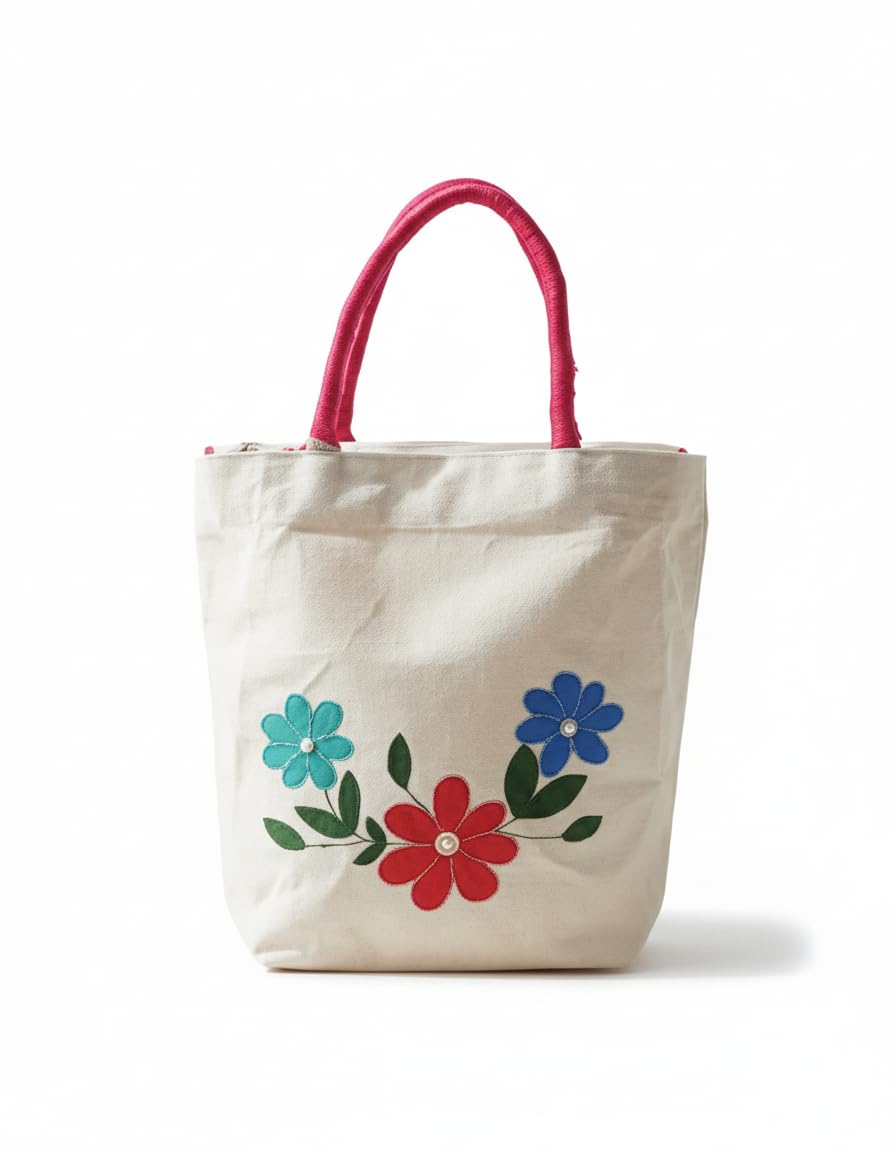 ZIG ZAG BAGS Canvas Tote Bag with Zipper | Daisy Design | Hand-Painted Cotton Tote for Girls, Office & Shopping | Eco-Friendly Cloth Handbag | Stylish Shoulder Shopping Bag for Women (Daisy)