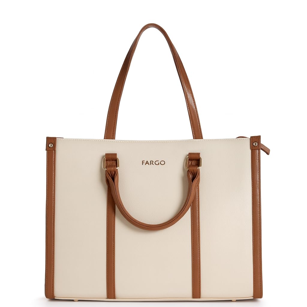 Fargo Iconic Tote Bag for Women | Vegan Leather Handbag with 15-Inch Laptop Compartment, Smooth Zip, Luxury Look | Stylish Office, College & Travel Tote | Made in India (Ivory)