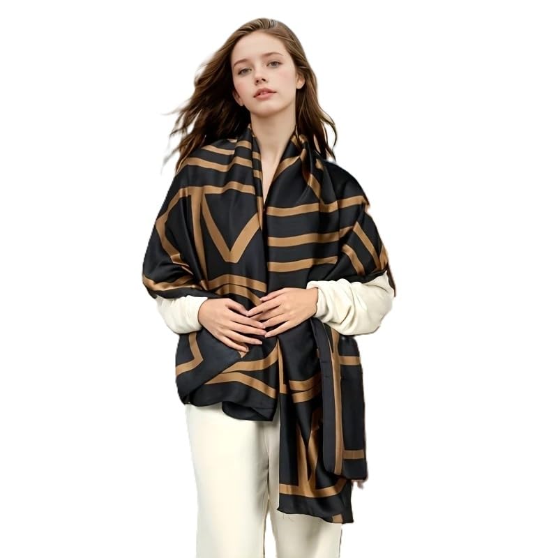 Alexvyan Satin Silk Summer Scarves 170 x 84 cm, Black and Gold Geometric Pattern with Stitched Border, Lightweight Fashion Scarf for Women Sun Protection Stole