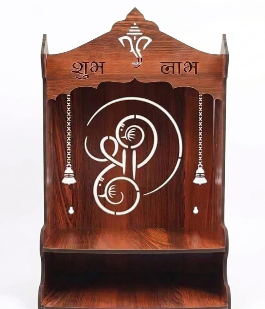 Wooden Pooja Mandir for Home, Pine Wood Temple, Decorative Hindu Mandir with Storage Shelf for Puja Room & Living Room Decor (32X26X20 Cms, Natural Wood Brown, Shree)