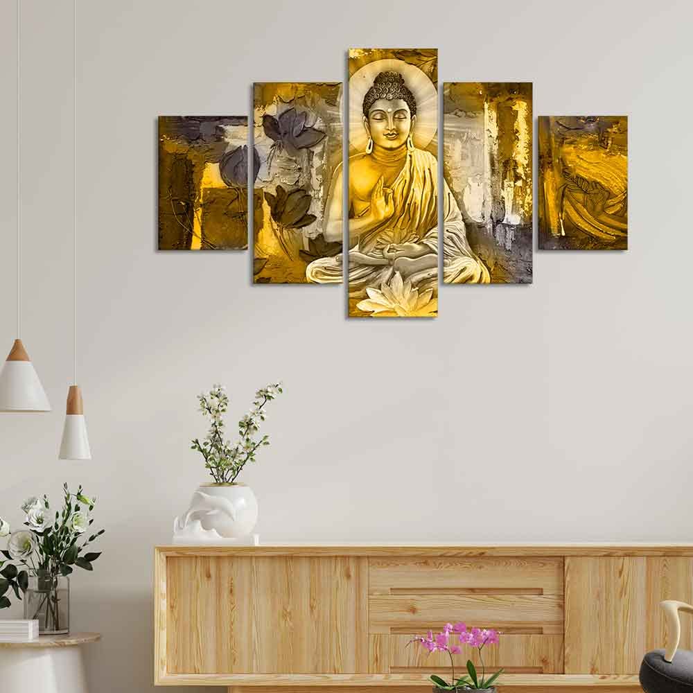 VIBECRAFTS Abstract Art Meditating Buddha Wall Painting Five Pieces For Home|Office|Living Room|Gift (PTVC5Pcs1_5518)