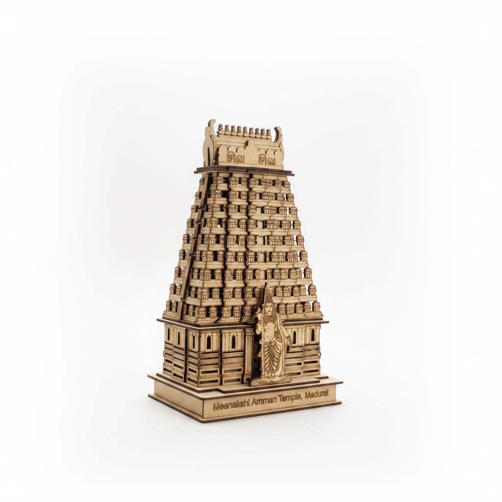 QUEENS CANVAS Wooden Meenakshi Amman Temple Madurai 3D Model, Decorative Showpiece, 18x10x30 cm