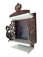 Decorative Wooden Wall-Mounted Temple with Carved Peacock and Sikh Khanda Design, 3-Tier Display Shelf, Sikh Guru Khanda Temple Brown and White
