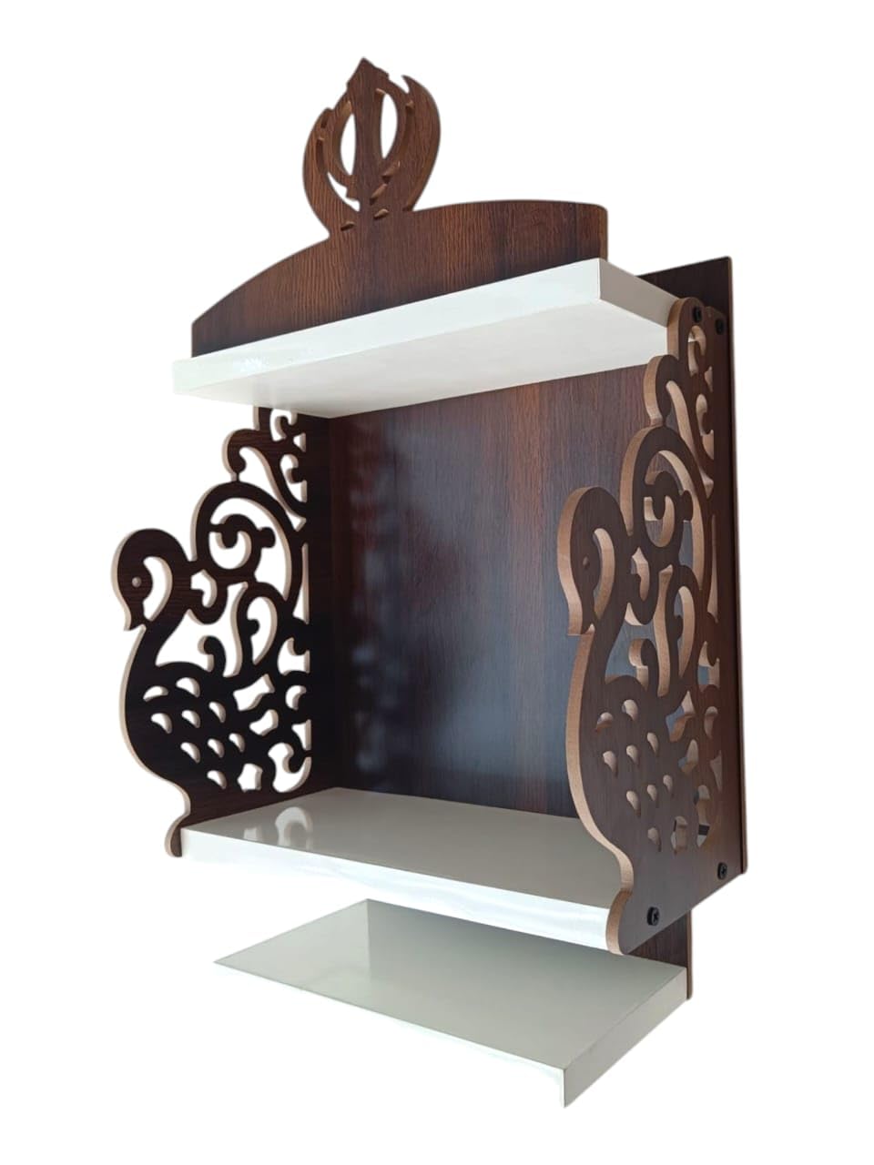 Decorative Wooden Wall-Mounted Temple with Carved Peacock and Sikh Khanda Design, 3-Tier Display Shelf, Sikh Guru Khanda Temple Brown and White