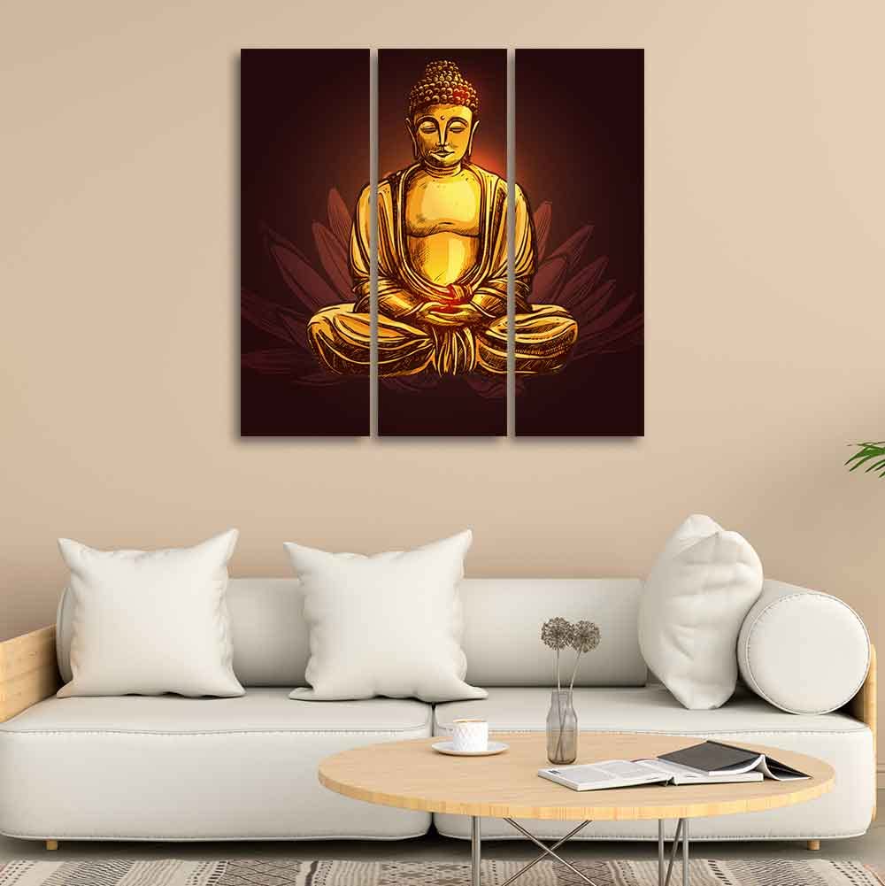 VIBECRAFTS Gautam Buddha 3 Pieces Canvas Wall Painting Fitted With Wooden Frame For Home | Office | Living Room | Gifts (PTVC3Pcs1_9507)