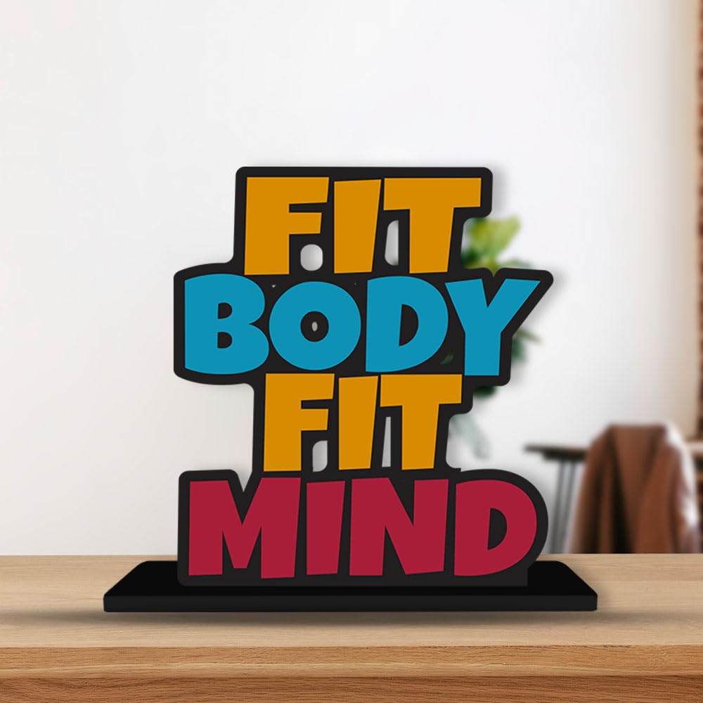Artvibes Wooden Idols and Figurine Fit Body Fit Mind Fitness Positive Quotes Table Decor for Office Desk Showpiece | Home Decoration | Living Room | Modern Gifting Items (SP_1166), Inspirational