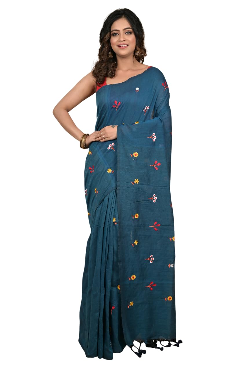 RoyBoni Khadi Embroidery Saree for Women | Fulmina Work | Pure Cotton Khadi Saree with Blouse Piece | Lightweight Traditional (Teal BLue)