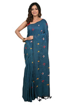 RoyBoni Khadi Embroidery Saree for Women | Fulmina Work | Pure Cotton Khadi Saree with Blouse Piece | Lightweight Traditional (Teal BLue)
