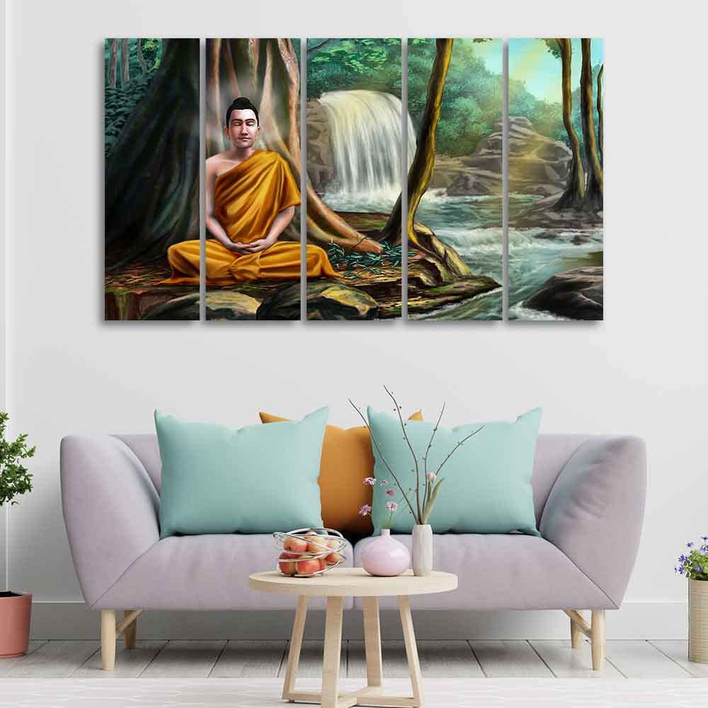 VIBECRAFTS Wall Painting of Buddha with Nature Background Set of Five For Home|Office|Living Room|Gift (PTVC5Pcs4_8614)