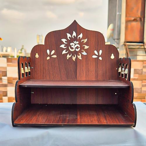 GLCW OM Design Wooden Pooja Temple for Home, DIY Assembly, 21x21.5x20.5 cm, with 6 Bells and Floral Design, Brown