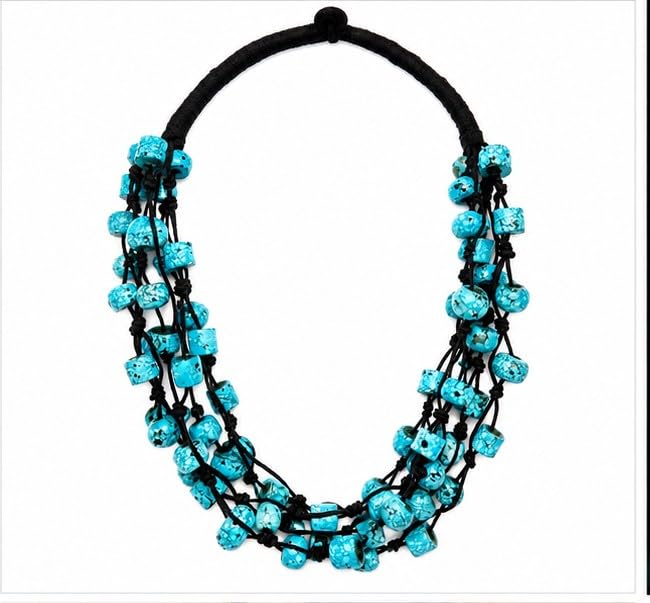 PRIMENEST Turquoise Blue Stone Statement Necklace for Women & Girls | Handmade Boho Multi-Strand Beaded Necklace | Ethnic Tribal Fashion Jewellery for Party, Casual, Festive & Gift | PN-63