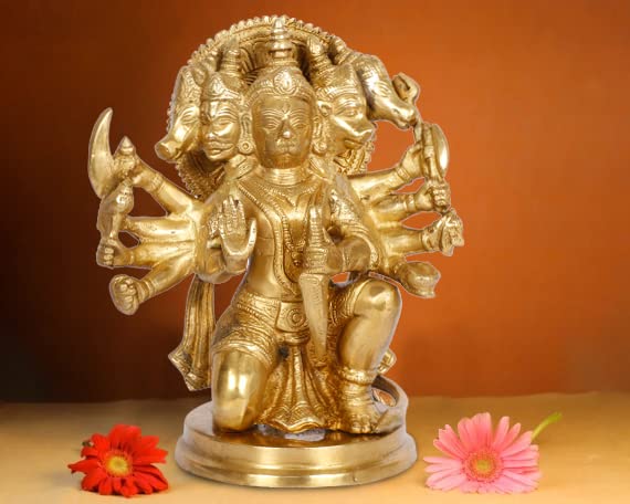 ARTVARKO Brass Bajrangbali Panchmukhi Murti Hanuman Ji Idol Statue Home Office Decor Gift Mandir Temple Size 9 Inches