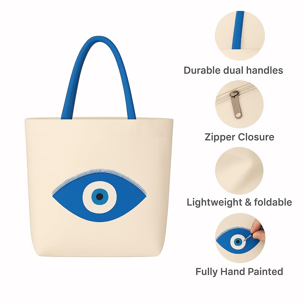 ZIG ZAG BAGS Canvas Tote Bag with Zipper | Evil Eye Design | Hand-Painted Cotton Tote for Girls, Office & Shopping | Eco-Friendly Cloth Handbag | Stylish Shoulder Shopping Bag for Women (Evil Eye)