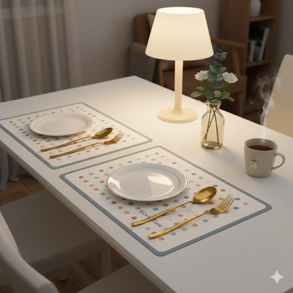 Upaado Leather Dining Table Placemat with Polka Dot - Pack of 2 | Heat Resistant, Waterproof, Non-Slip Table Mat for Kitchen Dining Table, PU Leather Mat for Table Protection (Champagne Beige) Kafalo