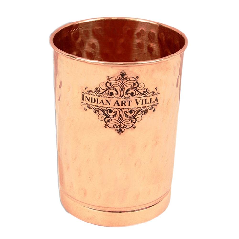 INDIAN ART VILLA Pure Copper Plain Glass with Hammered Design, Drinking Serving Water, Yoga Ayurveda, Volume-300 ml
